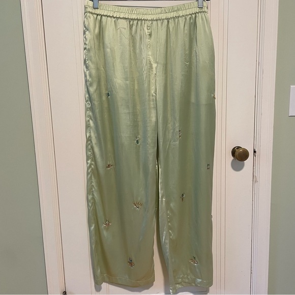 Anthropologie Bejeweled Light Green Satin Silky Pajama Pants - Picture 3 of 6